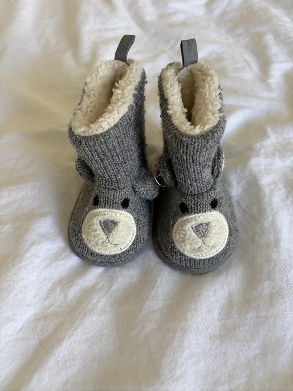 Gray Knit Baby Booties with Bear Face